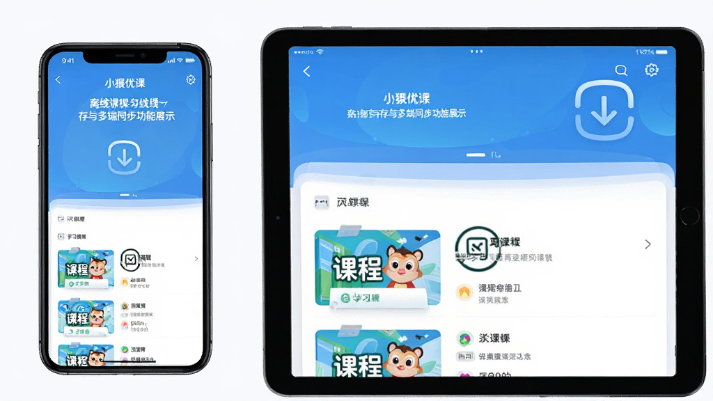 小猿优课 离线缓存与多端同步功能展示 手机和平板并排显示相同学习进度 主体为两台设备 布局左右对比 排版简洁 风格科技教育 细节包含下载箭头 同步图标 课程缩略图 画质清晰 干净 无多余元素