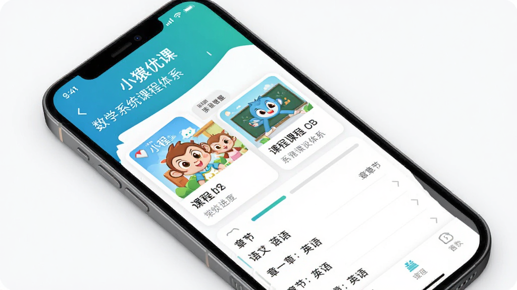 小猿优课 系统课程体系界面 手机屏幕显示数学语文英语等学科分类 主体为手机应用界面 布局上下结构 排版整齐 风格现代教育 细节包含课程封面 进度条 章节列表 画质清晰 干净 无多余元素