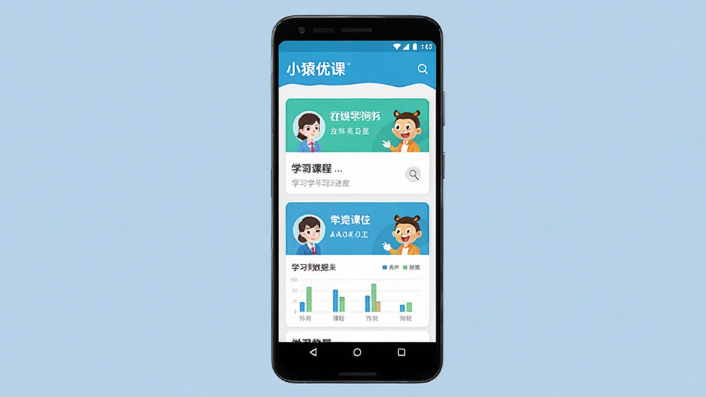 小猿优课 在线学习软件主界面 手机屏幕展示课程列表与学习进度 主体为一部安卓手机 布局居中 排版简洁 风格清新教育风 细节包含课程卡片 老师头像 学习数据图表 画质清晰 干净 无多余元素