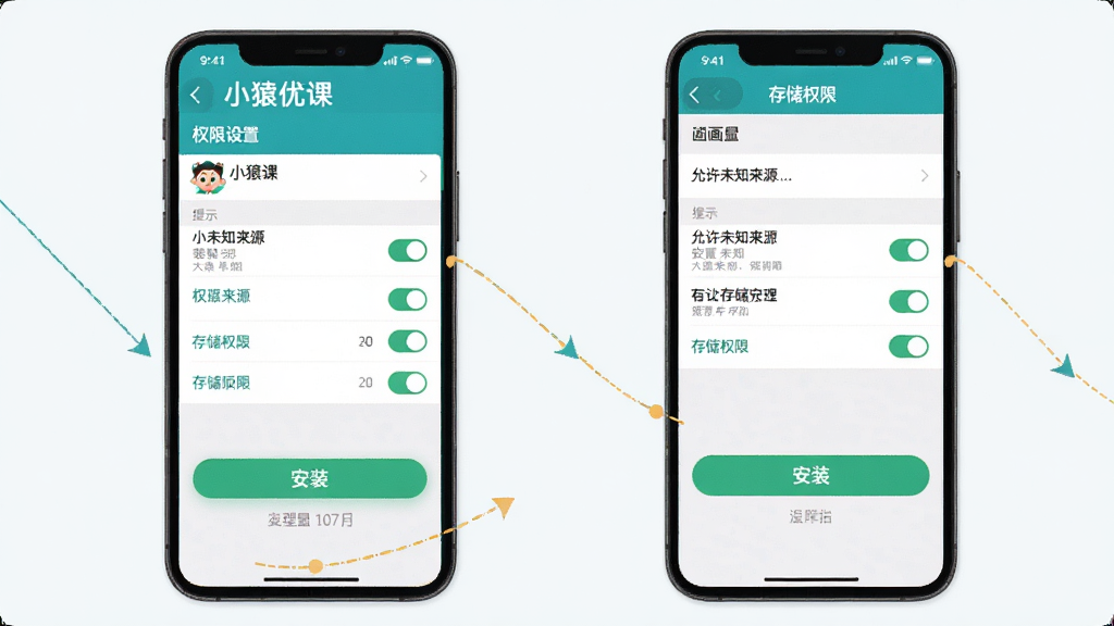 小猿优课 移动端安装与权限设置示意图 手机屏幕展示允许未知来源安装与存储权限开关 主体为手机设置界面 布局分步展示 排版清晰 风格教程指引 细节包含权限开关 安装按钮 提示文字 画质清晰 干净 无多余元素