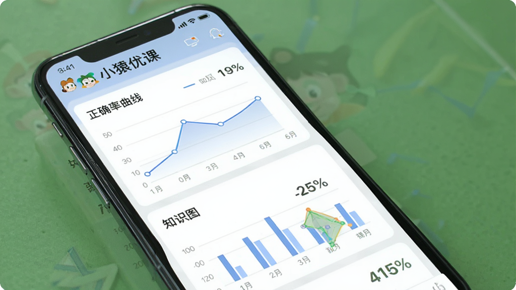 小猿优课 学习报告数据图表界面 手机屏幕展示正确率曲线与知识点雷达图 主体为手机应用界面 布局卡片式 排版规整 风格数据可视化 细节包含折线图 柱状图 百分比数字 画质清晰 干净 无多余元素