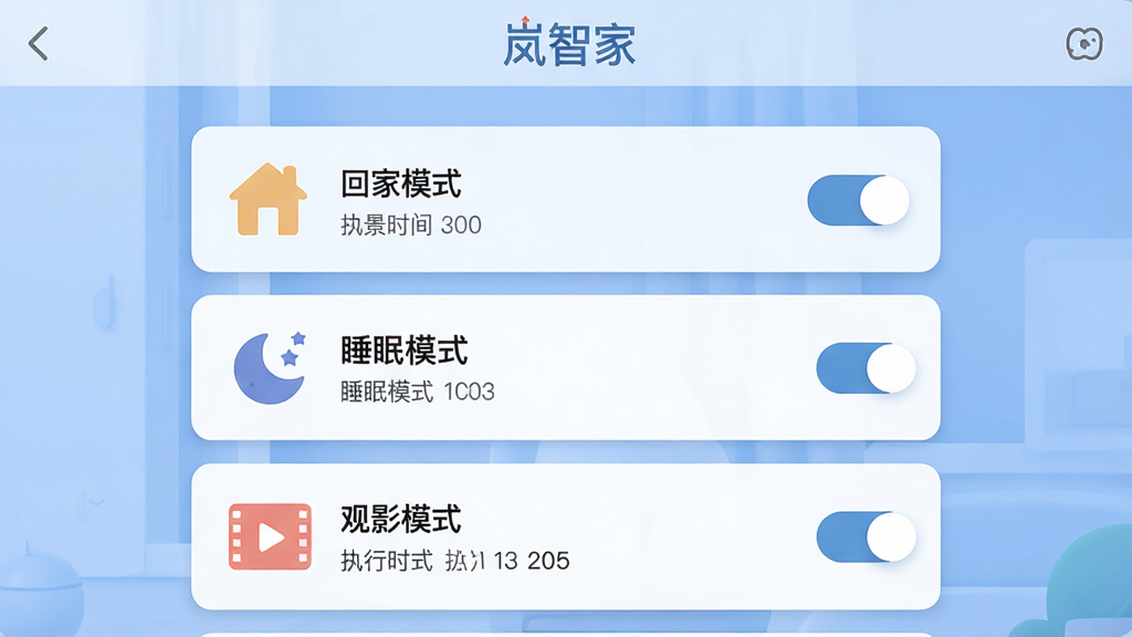 �������һ�����ܳ������ý��棬������ʾ����Ǽҡ���ʶ��������չʾ���������Ƭ���������ؼ�ģʽ����˯��ģʽ������Ӱģʽ����ÿ�ſ�Ƭ���ж�Ӧͼ����������������Ϊ�����ɫ��������Ϊ�����б������Ϊ���±�ƽ����ƣ�ϸ�ڰ����������ذ�ť��ִ��ʱ���ǩ�����ʸ��壬�ɾ����޶���Ԫ��