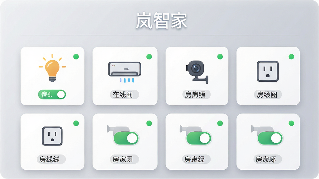 ����չʾһ�����ܼҾӿ��������棬�Ϸ���ע����Ǽҡ���������������ж����豸��Ƭ���������ݡ��յ�������ͷ������ͼ�꣬ÿ�ſ�Ƭ��ʾ����״̬������Ϊǳ�ҽ��䣬����Ϊ����״�����Ϊ�ִ��Ƽ���Լ�磬ϸ�ڰ����豸����״̬СԲ�㡢�����ǩ���֣������������ɾ����޶���Ԫ��