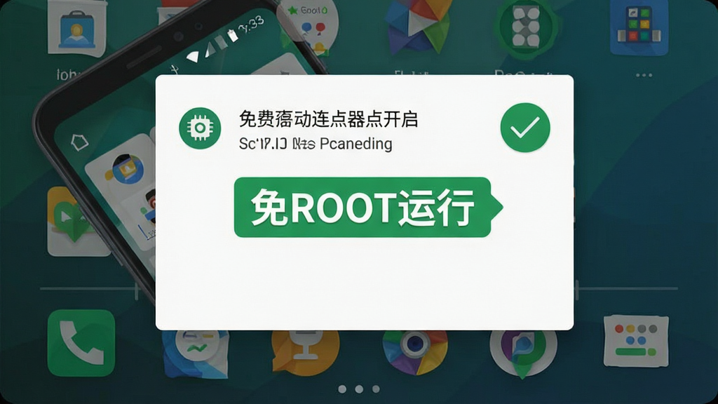 画面主体是免费自动连点器点击器的功能面板悬浮在安卓手机屏幕上方;布局采用俯视角度展示手机桌面与悬浮窗;排版上“免ROOT运行”字样以绿色标签形式出现在画面中央;风格为扁平化科技插画风;细节上手机屏幕显示无障碍服务已开启的提示界面,旁边有一个绿色的对勾图标;画质清晰,画面干净,无多余元素