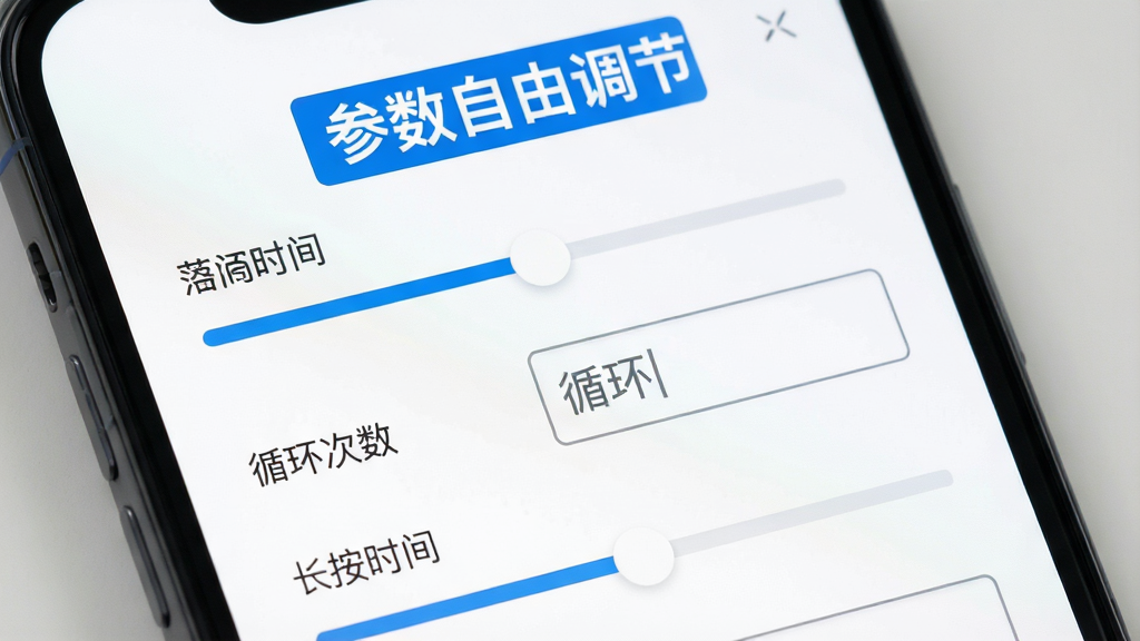 画面主体是免费自动连点器点击器的参数设置面板特写;布局采用手机屏幕局部放大展示,滑块和输入框清晰可见;排版上“参数自由调节”字样以蓝色高亮显示在面板上方;风格为现代扁平化设计风格;细节上画面中有间隔时间滑块、循环次数输入框、长按时间调节条等控件;画质高清,画面干净,无多余元素