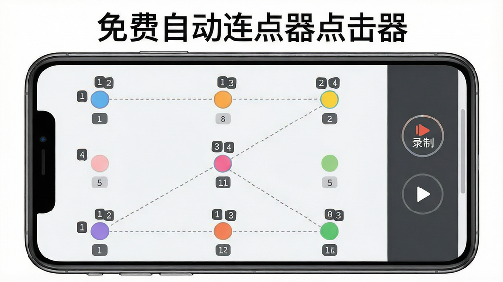 画面主体是免费自动连点器点击器的多点位编辑界面,屏幕上分布着多个彩色圆形标记点;布局采用正面展示手机屏幕,各点位之间用虚线连接表示执行顺序;排版上软件名称“免费自动连点器点击器”出现在手机上方;风格为简洁明快的UI界面展示风;细节上每个点位旁边有数字序号标注,右侧面板显示录制按钮和播放按钮;画质高清,画面干净,无多余元素