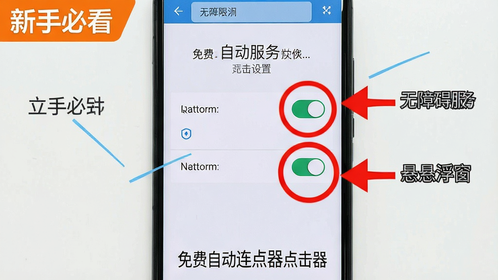 画面主体是一部安卓手机屏幕显示免费自动连点器点击器的权限设置引导页面;布局采用手机正面竖屏展示,周围有箭头指向无障碍服务和悬浮窗两个权限开关;排版上“新手必看”字样以橙色标签出现在画面左上角,软件名称“免费自动连点器点击器”出现在底部;风格为简洁明了的教程引导风格;细节上两个权限开关旁边有红色圆圈标注重点;画质高清,画面干净,无多余元素