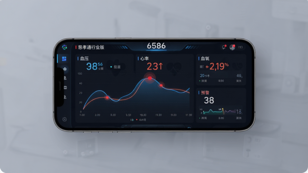 画面主体是慈孝通行业版软件的健康监测仪表盘界面,屏幕中显示血压、心率、血氧的实时曲线图和预警红点。布局采用手机屏幕居中悬浮展示。排版以数据图表为主。风格为深色科技感UI风格,细节包括发光的曲线和数字。画质清晰,干净,无多余元素。