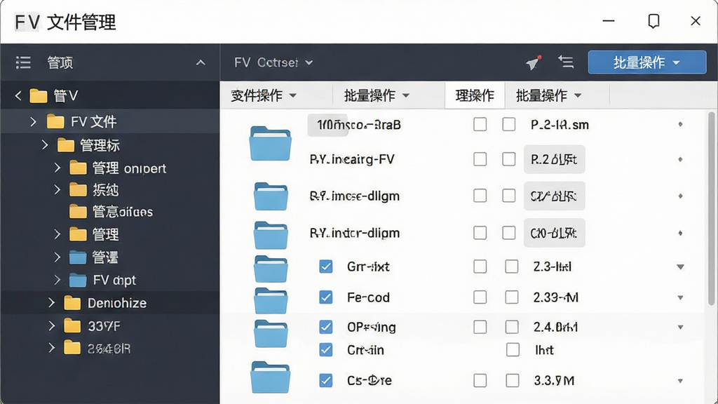 主体为FV文件管理文件夹管理界面,布局为左侧展示目录树结构右侧展示文件列表,排版采用左右分栏布局,风格为简约商务扁平化设计,细节包括文件夹图标、多选复选框、批量操作按钮栏,界面中显示