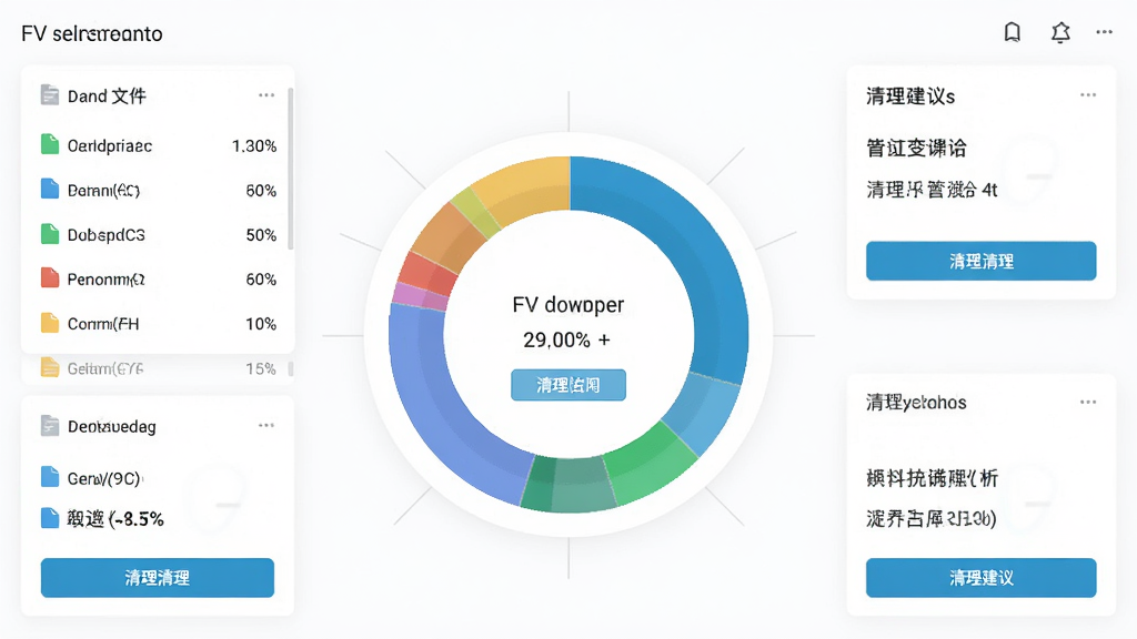 主体为FV文件管理存储分析界面,布局为环形存储占用图表居中显示,周围环绕大文件列表和清理建议卡片,排版采用中心辐射式构图,风格为现代数据可视化设计,细节包括不同颜色区分文件类型占比、百分比数字标注、清理按钮,画质高清干净无多余元素
