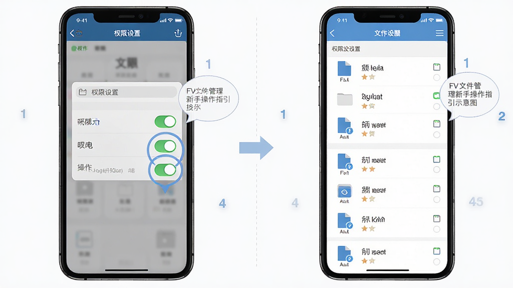 主体为FV文件管理新手操作指引示意图,布局为手机屏幕展示权限设置界面和文件列表页面对照,排版采用左右分步图示,风格为简洁教程风格,细节包括权限开关高亮标注、操作步骤数字编号、提示气泡框,画质高清干净无多余元素