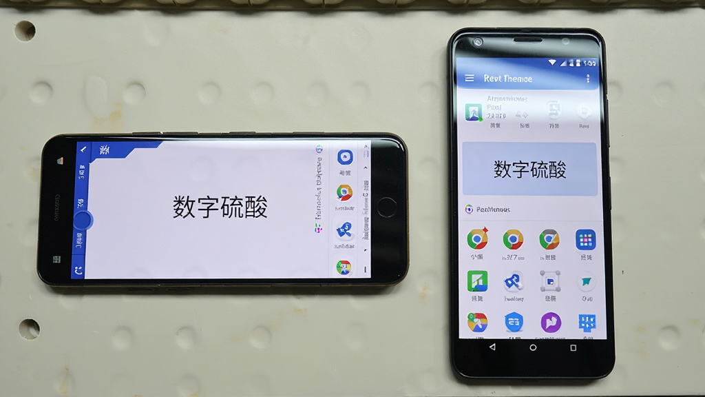 画面主体是一部横放的安卓手机与一部竖放的安卓手机并排展示,两台手机屏幕均显示“数字硫酸”应用界面,布局为左右对比构图、背景为浅色工作台,排版均衡,风格为简约产品展示风,细节上手机屏幕有轻微反光、界面图标清晰可辨,画质高清、画面干净、无多余元素