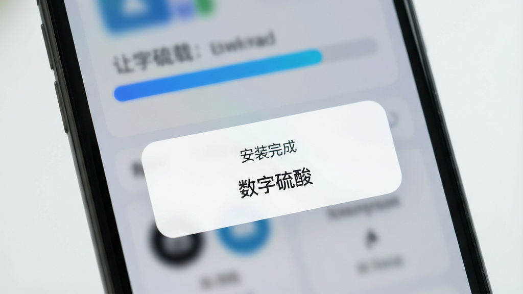 画面主体是一部手机屏幕特写,屏幕中显示一个下载进度条已满、下方出现“安装完成”字样的提示框,框内文字为“数字硫酸”,布局为居中弹窗、四周留白,排版简洁,风格为清爽浅色系扁平设计,细节上进度条为渐变蓝色、提示框圆角、背景虚化,画质清晰、画面干净、无多余元素