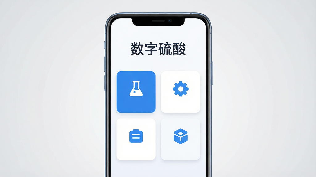 画面主体是一部竖屏安卓手机,手机屏幕中央显示简洁的工具类应用主界面,界面顶部有“数字硫酸”四个中文字,下方排列四个功能图标卡片,布局为上下结构、左右留白均匀,排版整洁有序,风格为扁平化科技蓝白配色,细节上手机边框圆润、背景为浅灰渐变、图标线条清晰,画质高清、画面干净、无多余元素