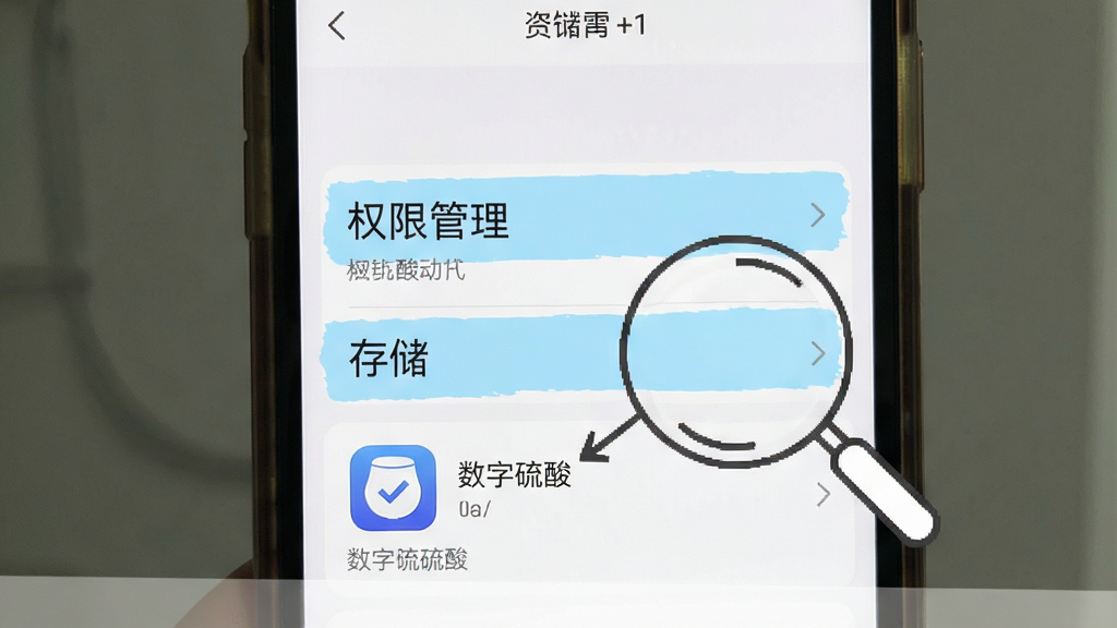 画面主体是一部手机屏幕显示设置界面,界面中“权限管理”与“存储”两个选项被高亮标注,旁边有一个放大镜图标指向“数字硫酸”应用图标,布局为手机居中、周围留白,排版清晰,风格为图文教程示意风,细节上界面文字为中文、高亮色为浅蓝、放大镜线条简洁,画质清晰、画面干净、无多余元素