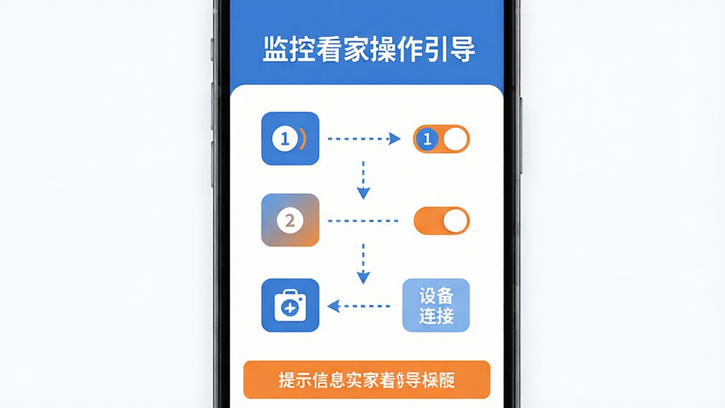 画面主体为一部手机竖屏显示监控看家手机版的操作引导界面,界面中包含步骤序号圆点、权限开关图标与设备连接示意图;布局采用上下结构,上方为标题文字区域,中部为三步操作流程图,下方为提示信息栏;风格为扁平化信息图风格,配色以白色背景搭配蓝色主色与橙色强调色,细节上图标采用圆角矩形底衬,步骤之间用虚线箭头连接;画质干净清晰,无多余装饰元素。