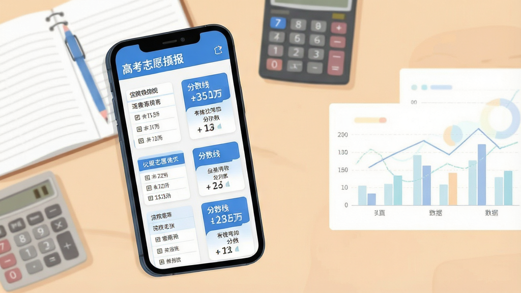 一张手机屏幕展示高考志愿填报软件界面的场景图,画面中央是手机,屏幕内呈现院校列表与分数线数据卡片,背景为书桌、笔记本与计算器,布局为竖版构图,手机居中偏左,右侧留白放置淡色数据图表元素,风格为清爽扁平化插画,细节包括蓝色主色调、清晰的表格线条、院校名称与分数数字,画质高清,画面干净,无多余元素