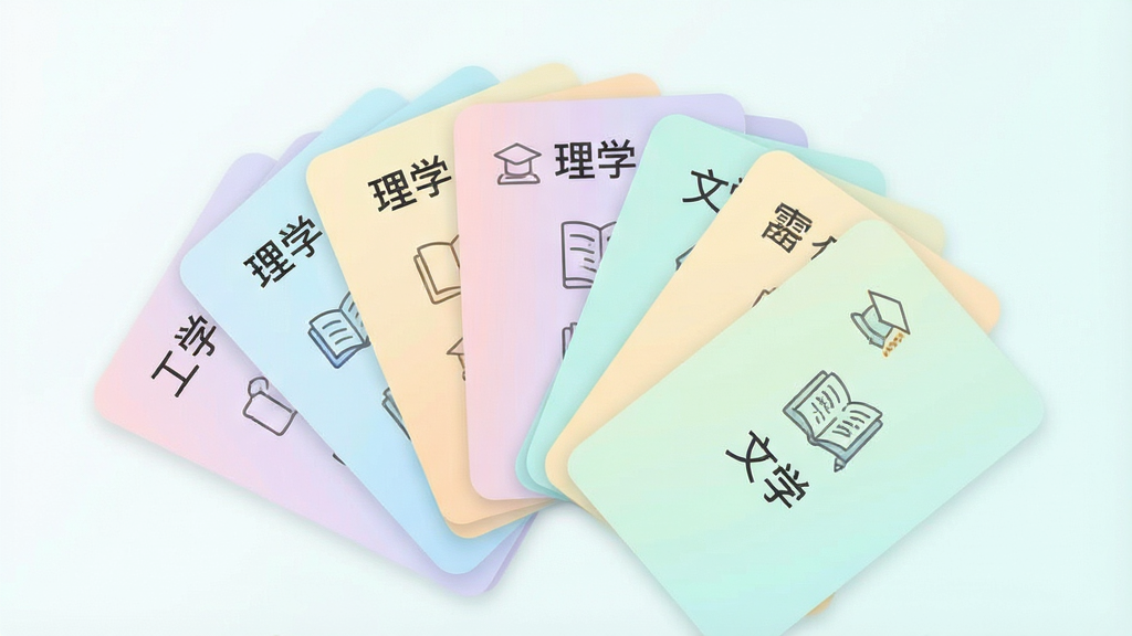 一张表现专业分类浏览功能的画面,主体为一组层叠排列的专业卡片,卡片上标注“工学”“理学”“文学”等字样与对应图标,布局为居中对称构图,卡片呈扇形展开,风格为清新浅色插画,细节包括柔和的渐变底色、简洁的线条图标、清晰的分类标签,画质高清,画面干净,无多余元素
