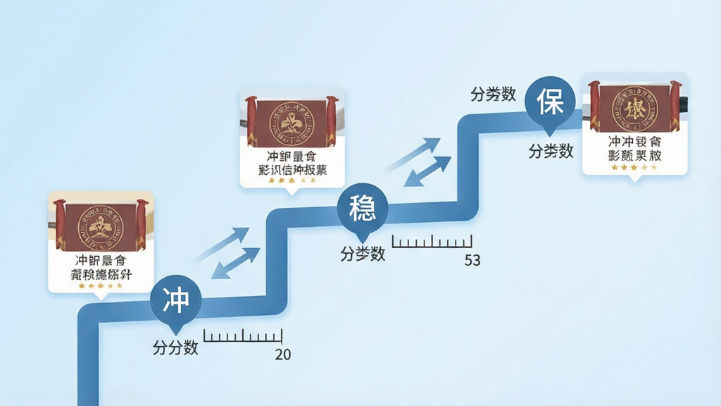 一张展示分数位次匹配功能的示意图,画面主体为一条从左下到右上的阶梯状路径,路径上分布着“冲”“稳”“保”三个标签节点,每个节点旁有院校卡片,布局为斜向构图,背景为淡蓝色渐变,风格为扁平化信息图,细节包括清晰的箭头引导、分数刻度线、卡片上的院校名称,画质高清,画面干净,无多余元素