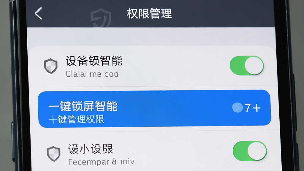 主体是手机屏幕显示权限管理界面,界面中列出「一键锁屏智能」并高亮设备管理器权限选项,布局为列表式排版、顶部标题栏,风格为系统设置界面模拟,细节包括权限开关、盾牌图标、浅色背景,画质为高清、干净、无多余元素
