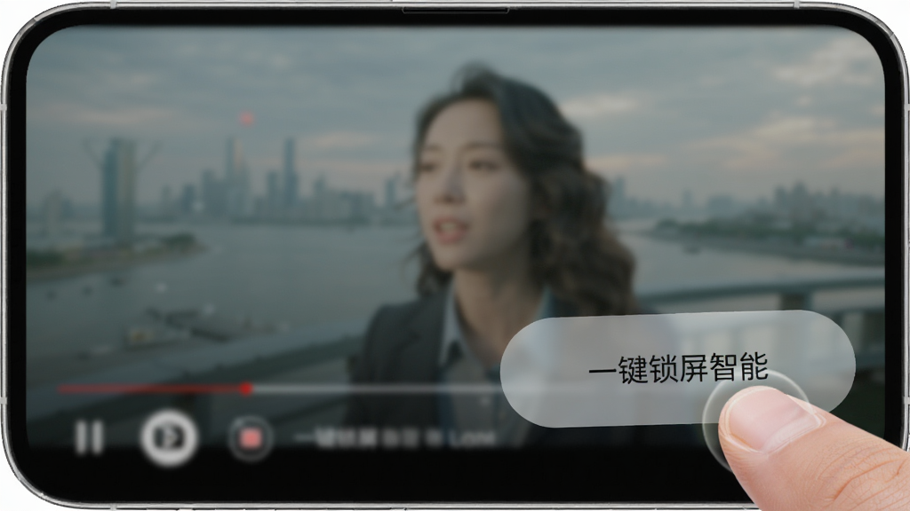 主体是一部手机屏幕显示半透明悬浮锁屏按钮浮在视频播放界面之上,按钮旁标注「一键锁屏智能」,布局为悬浮按钮位于屏幕右下角、视频画面铺满背景,排版为单图展示,风格为真实手机UI模拟,细节包括悬浮按钮的半透明质感、视频画面虚化、手指点击动作,画质为高清、干净、无多余元素