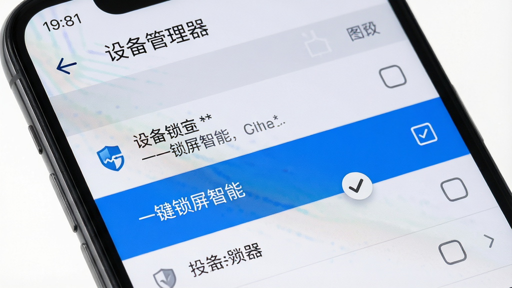 主体是一部手机屏幕显示「设备管理器」设置页面,页面中「一键锁屏智能」选项被高亮并带有取消勾选动作,布局为纵向列表、顶部有返回箭头,排版清晰分层,风格为系统设置界面写实模拟,细节包括勾选框、盾牌图标、浅灰背景与蓝色强调色,画质为高清、干净、无多余元素