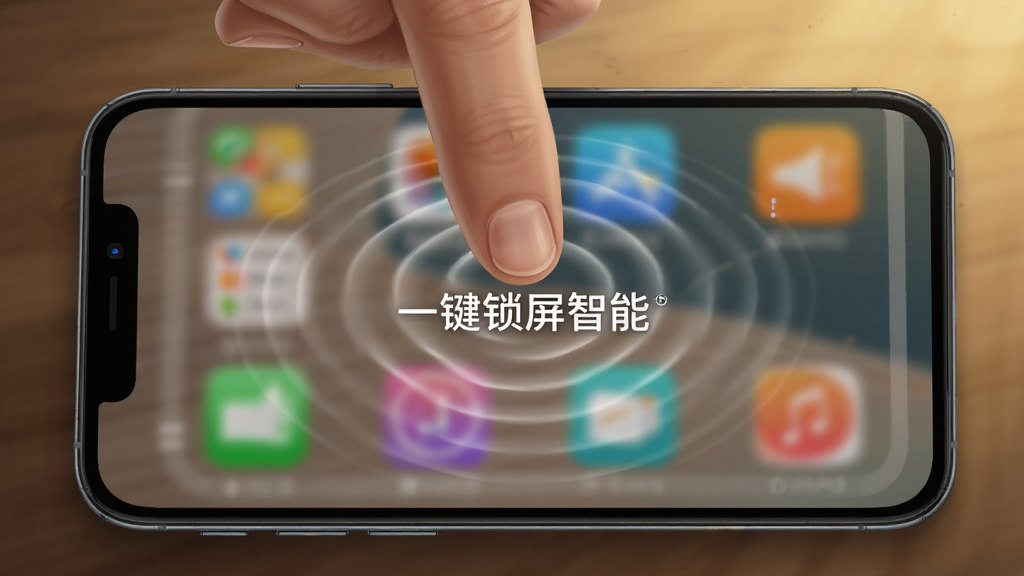 主体是一只手用食指双击手机桌面空白区域,屏幕出现波纹反馈并显示「一键锁屏智能」字样,布局为俯视视角、手机居中、手指从上方进入画面,排版为动作特写,风格为写实插画,细节包括指尖接触屏幕的波纹、桌面图标虚化、暖色灯光,画质为高清、干净、无多余元素