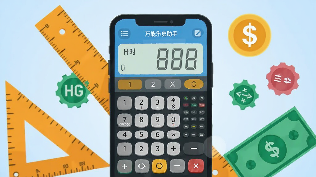 画面中央放置一部智能手机,屏幕显示万能计算器助手应用主界面,包含数字键盘与科学函数按键,手机周围环绕尺子、三角板、纸币符号与单位换算图标,整体采用扁平化插画风格,背景为浅蓝渐变,细节干净利落,画质清晰,无多余元素