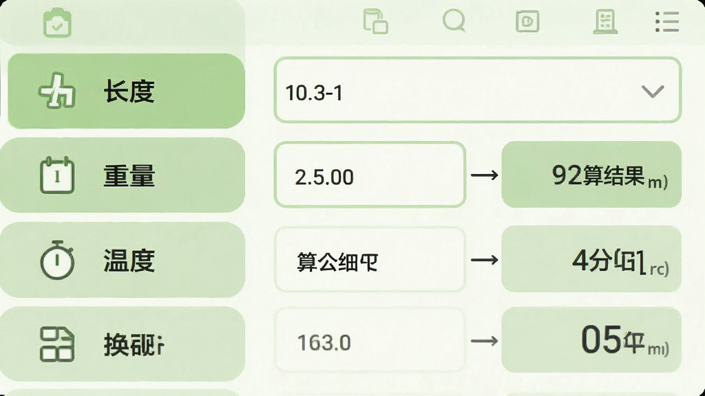 万能计算器助手界面展示单位换算页面,左侧为长度、重量、温度等分类标签,右侧显示数值输入框与换算结果,画面采用清新浅绿配色,图标简洁,布局规整,画质高清,无多余装饰