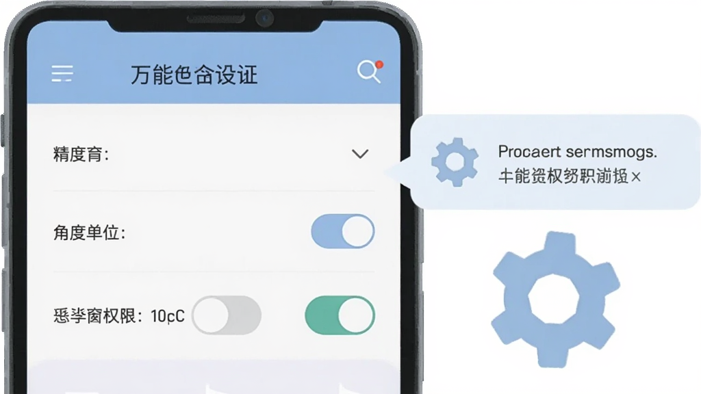 一部手机屏幕显示万能计算器助手的设置页面,包含精度选择、角度单位切换与悬浮窗权限开关,旁边放置一个齿轮图标与权限提示气泡,整体为扁平化UI风格,配色柔和,画质清晰,无杂乱背景