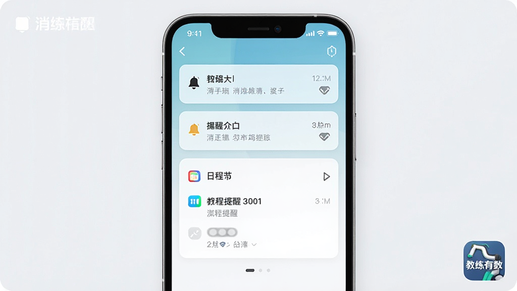 手机界面展示消息提醒模块,主体为竖屏手机,屏幕内呈现通知列表与日程提醒卡片,布局居中,风格简约浅色,细节包含铃铛图标与时间标签,画质高清干净无多余元素,界面角落可见