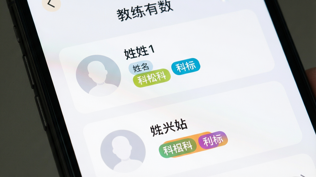 手机屏幕特写,画面主体为学员档案列表界面,多条学员信息卡片纵向排列,每张卡片包含头像占位、姓名与科目标签,布局为居中特写,风格清爽扁平,细节突出卡片圆角与标签色彩区分,画质高清干净无多余元素,屏幕上方显示