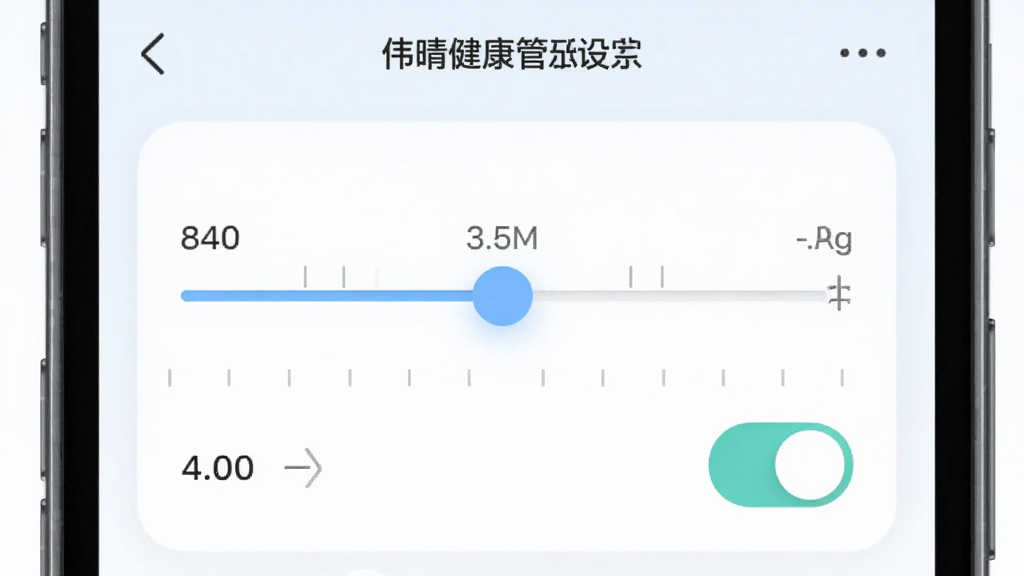 画面主体为手机界面展示伟晴健康管家的参数调节滑块与开关控件,布局为手机屏幕居中特写,排版为简洁设置页风格,风格柔和浅色系,细节包含压力数值刻度与开关按钮,画质清晰干净无多余元素