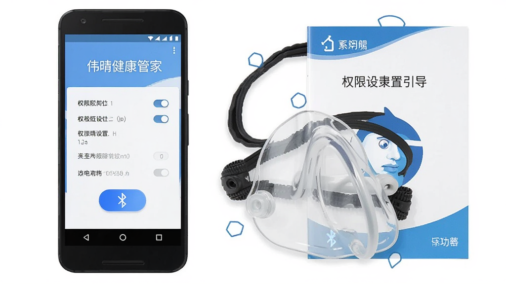 画面主体为一部安卓手机屏幕显示伟晴健康管家权限设置引导页,旁边放置呼吸机面罩与说明书,布局为手机与配件组合摆放,排版为教程示意图风格,风格简洁明快,细节包含权限开关列表与蓝牙图标,画质高清干净无多余元素