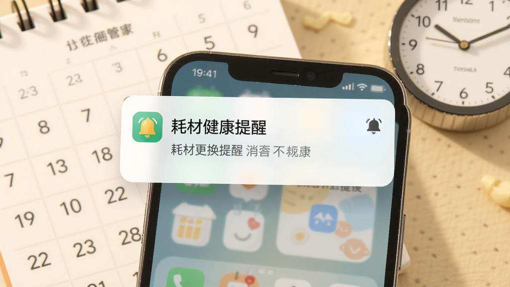 画面主体为手机弹出伟晴健康管家的用机提醒通知卡片,背景为日历与时钟元素,布局为通知卡片悬浮于手机屏幕上方,排版为消息提醒界面风格,风格温馨生活化,细节包含“耗材更换提醒”文字与铃铛图标,画质高清干净无多余元素