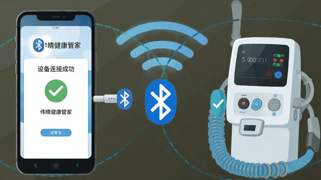 画面主体为一部手机与一台呼吸机通过蓝牙图标产生连接的可视化示意,手机屏幕显示“伟晴健康管家”设备连接成功页面,布局为左右分列手机与呼吸机中间以弧形无线信号线连接,排版采用扁平化信息图风格,细节包含蓝牙符号与连接对勾标识,画质清晰干净无多余元素