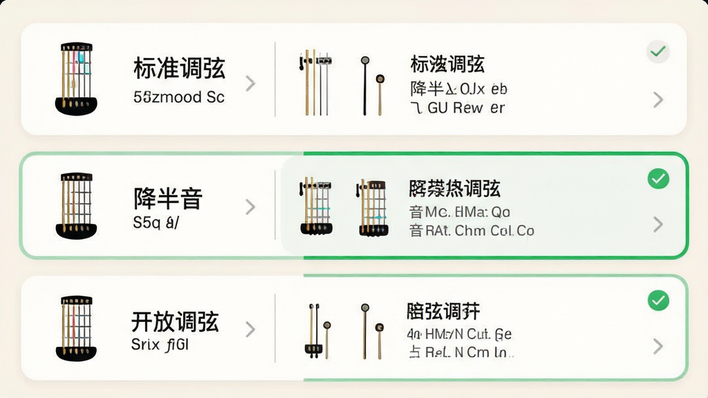 “吉他电子调音器”应用内多调弦模式选择页面,主体为纵向排列的调弦方案卡片,包含标准调弦、降半音、开放调弦等选项,每张卡片左侧为吉他琴弦示意图标,右侧为方案名称与各弦音名,当前选中卡片以绿色边框高亮,背景为柔和浅色,布局为列表式排版,风格为清新简约,细节包含勾选标记、音名小字、分隔线,画质高清、干净、无多余元素