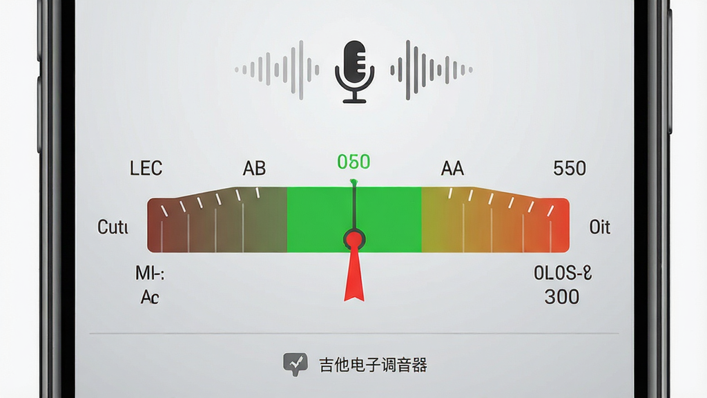 手机屏幕中显示“吉他电子调音器”的实时拾音界面,画面主体为一块横向音准指示条,中央为绿色标准区,左右分别为偏低与偏高刻度,一根红色指针停在绿色区域中央,屏幕上方有麦克风图标与声波纹理,背景为浅灰渐变,布局简洁、排版对称,风格为清爽工具类UI,细节包含音名标签、频率数字、状态提示文字,画质清晰、干净、无多余元素
