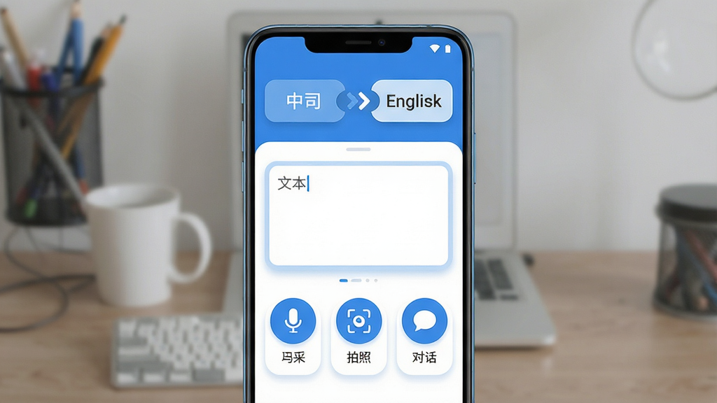 语言翻译官手机应用主界面展示,画面中央是一部竖屏安卓手机,屏幕上显示翻译软件首页,顶部有语言选择栏显示中文与英文互换箭头,中部为文本输入框,下方排列语音翻译、拍照翻译、对话翻译三个功能图标,整体布局清晰简洁,风格为现代扁平化科技蓝配色,细节包含柔和阴影与圆角卡片,画质高清干净无多余元素