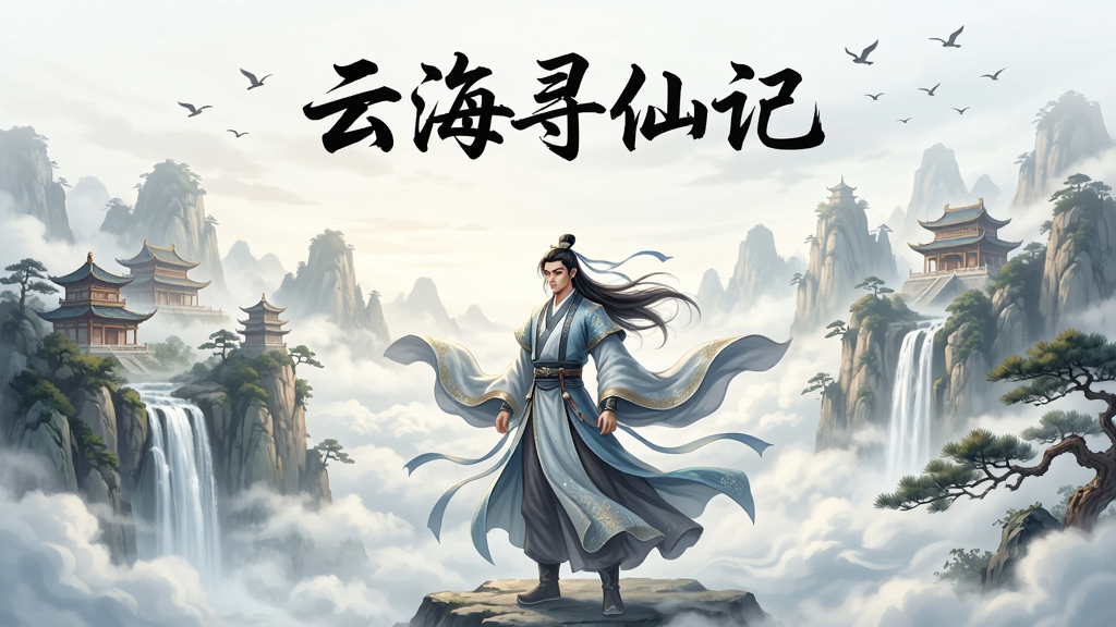 画面主体为一位身着飘逸古风长袍的修仙者立于云海之上,背景是层叠的仙山楼阁与流动的云雾,布局采用纵向构图,人物居中偏下,上方留白展现天空与飞鸟,排版突出国风仙侠氛围,风格为细腻的国风插画,细节包括衣袂飘动、发丝飞扬、远处瀑布与古松,画面中可出现“云海寻仙记”五个字作为标题,画质高清,干净,无多余元素