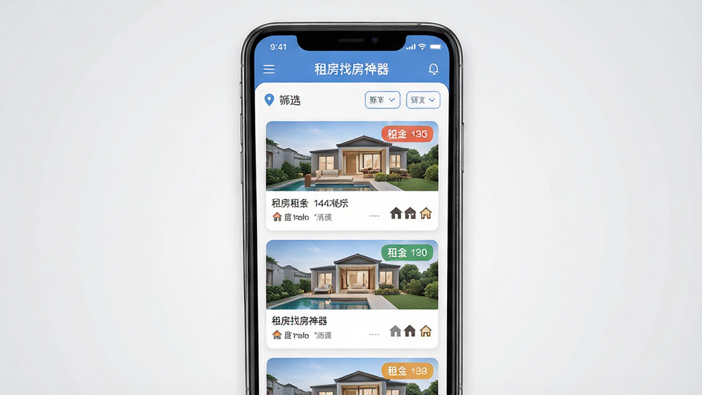一张手机屏幕展示“租房找房神器”应用主界面的场景图,画面中央为手机正视图,屏幕内呈现房源卡片列表与筛选按钮,布局简洁清晰,排版为上下结构,风格为现代扁平化UI设计,细节包含地图定位图标、租金标签、户型小图标,背景为浅灰渐变,画质高清,干净,无多余元素