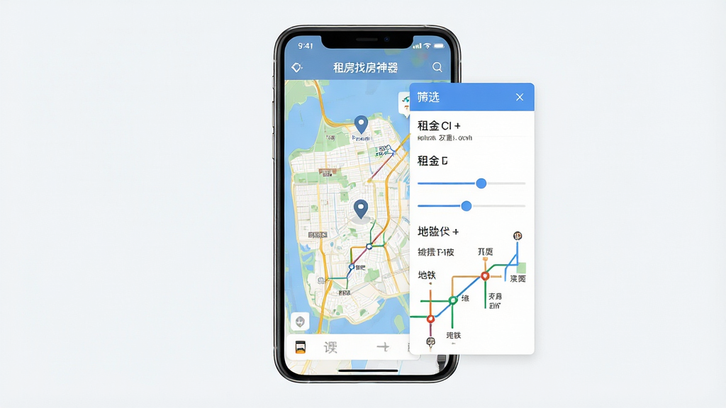一张手机应用“租房找房神器”的操作引导图,主体为手机屏幕显示地图找房界面与筛选侧栏,布局为手机居中、侧栏半展开,排版清晰,风格为简洁教程风,细节包含定位图标、租金滑块、地铁线路示意,背景为浅色,画质高清,干净,无多余元素