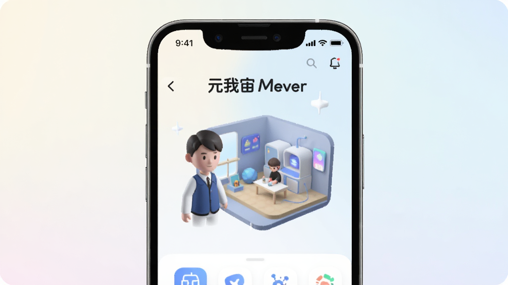 一张展示元我宙Mever应用主界面的手机屏幕渲染图,画面中央是带有虚拟形象和三维个人空间的手机界面,界面中包含元我宙Mever文字标识,背景为浅色渐变,整体风格清新科技感,构图居中,画质干净清晰,无多余元素