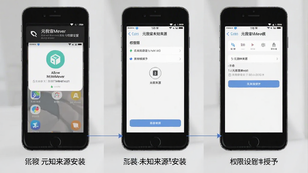 元我宙Mever安装与权限设置步骤示意图,画面为手机屏幕分步展示允许未知来源安装和权限授予界面,含元我宙Mever文字标识,布局清晰,风格简洁,画质干净