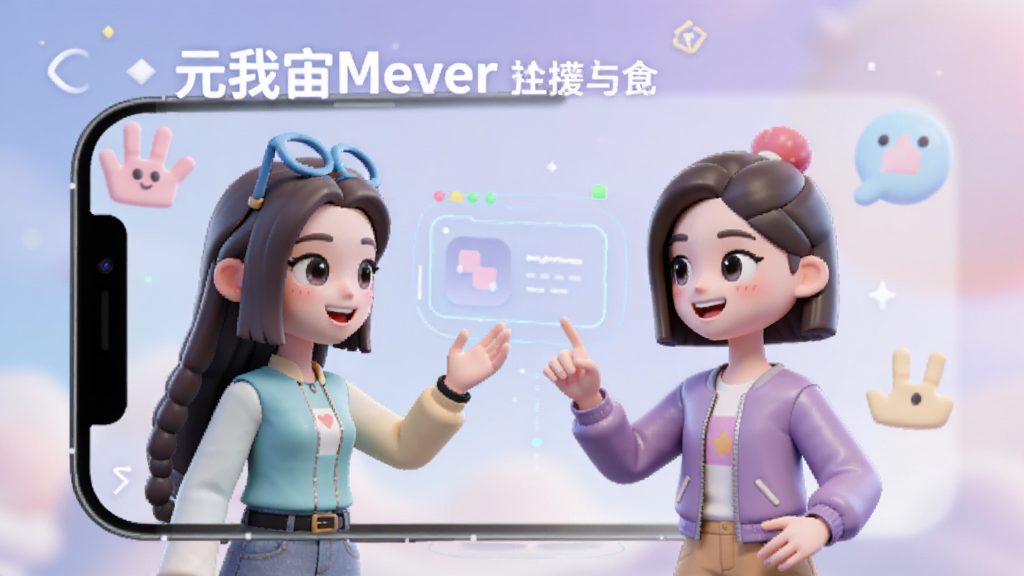 元我宙Mever社交互动场景示意图,画面展示两个虚拟形象在数字空间中互动的手机界面,界面含元我宙Mever文字,背景柔和,风格活泼,画质清晰干净
