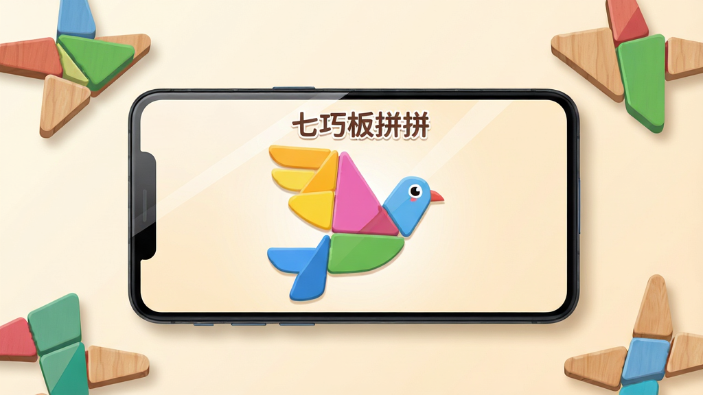 画面主体为一部横向放置的安卓手机,手机屏幕中央显示七巧板拼拼软件界面,七块彩色几何板拼成一只和平鸽图案,屏幕上方有“七巧板拼拼”文字标题,手机周围散落几块木质七巧板实体作为点缀;布局采用居中构图,手机占据画面视觉中心,背景为浅米色渐变;风格为清新扁平化插画风,色彩柔和明亮;细节上注意几何板边缘圆润、屏幕反光自然、阴影柔和;画质高清,画面干净,无多余元素。