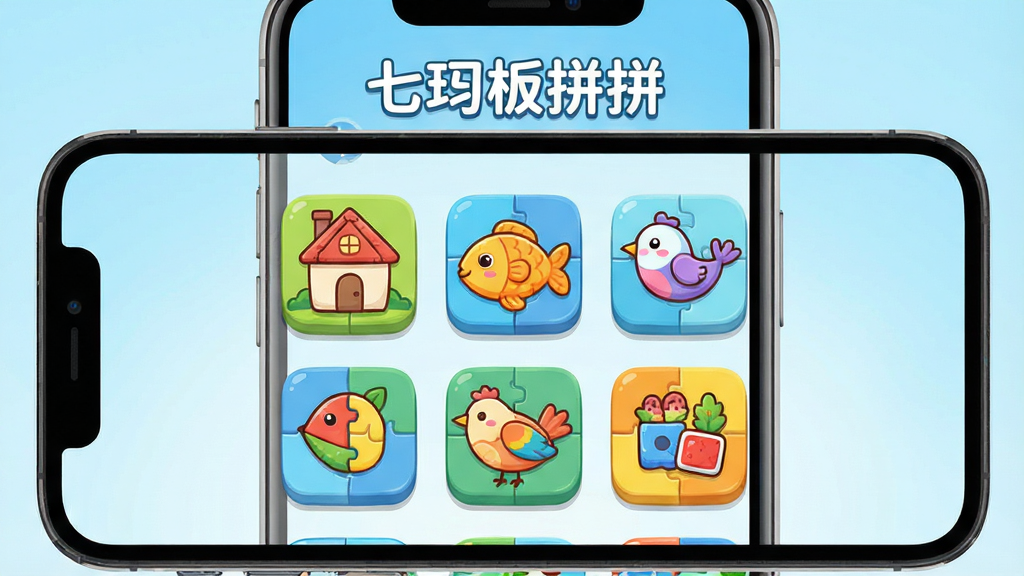七巧板拼拼软件界面截图风格插画,主体为手机屏幕显示关卡选择页面,屏幕上排列着多个彩色拼图图案缩略图,包含小房子、小鱼、小鸟等造型,屏幕上方显示“七巧板拼拼”字样;布局为手机居中,背景为淡蓝色渐变;风格清新卡通,色彩明快;细节上注意缩略图排列整齐、图标圆润可爱;画质高清,画面干净,无多余元素。