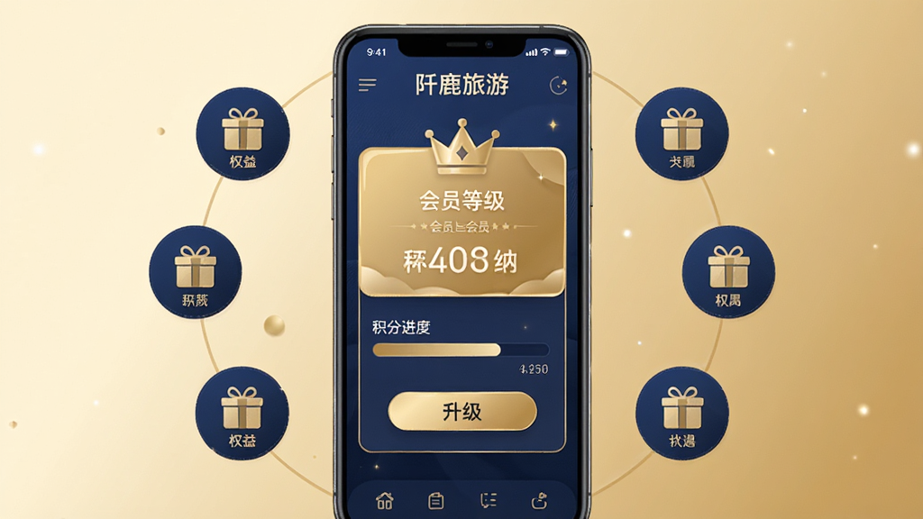 主体为“阡鹿旅游”会员中心界面,屏幕中央展示会员等级卡片与积分进度条,周围环绕礼遇图标;布局为手机居中,背景为浅金色渐变;排版上等级卡片突出,权益图标呈环形分布;风格为轻奢质感的扁平插画,色调以金色与深蓝为主;细节包括皇冠图标、积分数字与“升级”按钮;画质清晰,画面干净,无多余元素