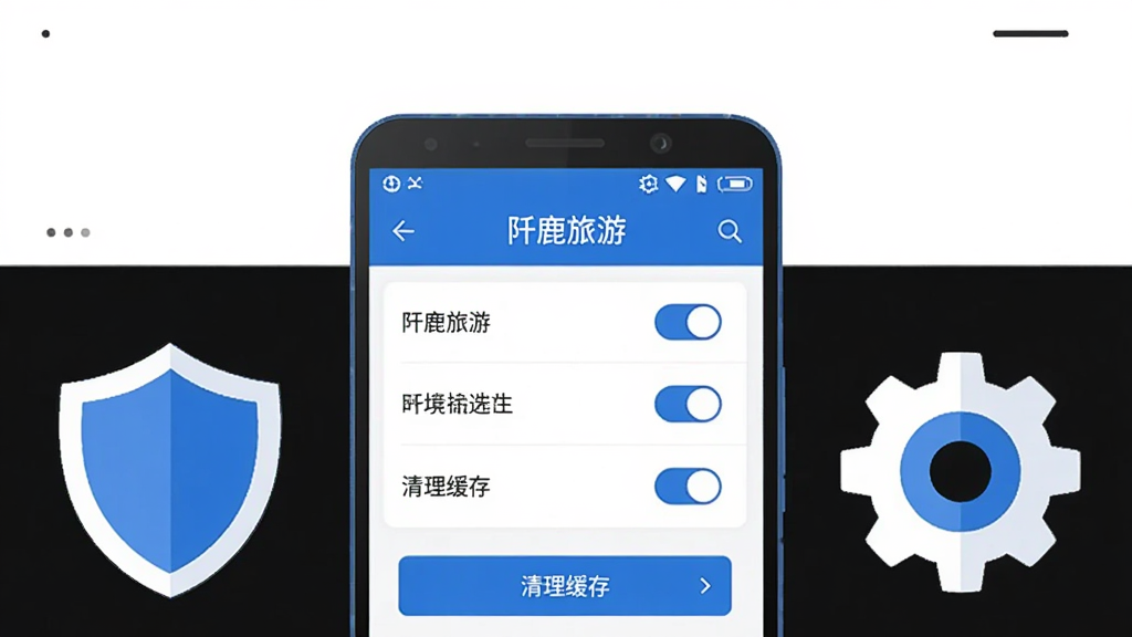 主体为一部安卓手机屏幕显示“阡鹿旅游”应用设置页面,旁边放置一个盾牌图标与齿轮图标;布局为手机居中,左侧盾牌代表安全,右侧齿轮代表设置;排版简洁,上方留白;风格为扁平化科技插画,色调以蓝色与白色为主;细节包括屏幕上的权限开关与“清理缓存”按钮;画质高清,画面干净,无多余元素