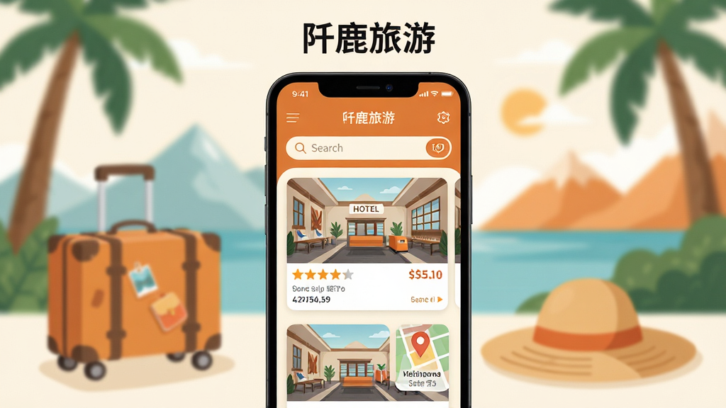 主体为一部智能手机,屏幕上展示“阡鹿旅游”应用界面,界面包含酒店卡片与搜索栏;布局为手机居中,背景是虚化的旅行场景,左侧放一个小行李箱,右侧放一顶遮阳帽;排版简洁,上方留白放置应用名称;风格为现代扁平化插画,色调以暖橙与米白为主;细节包括界面上的星级评分、价格标签、地图定位图标;画质高清,画面干净,无多余元素